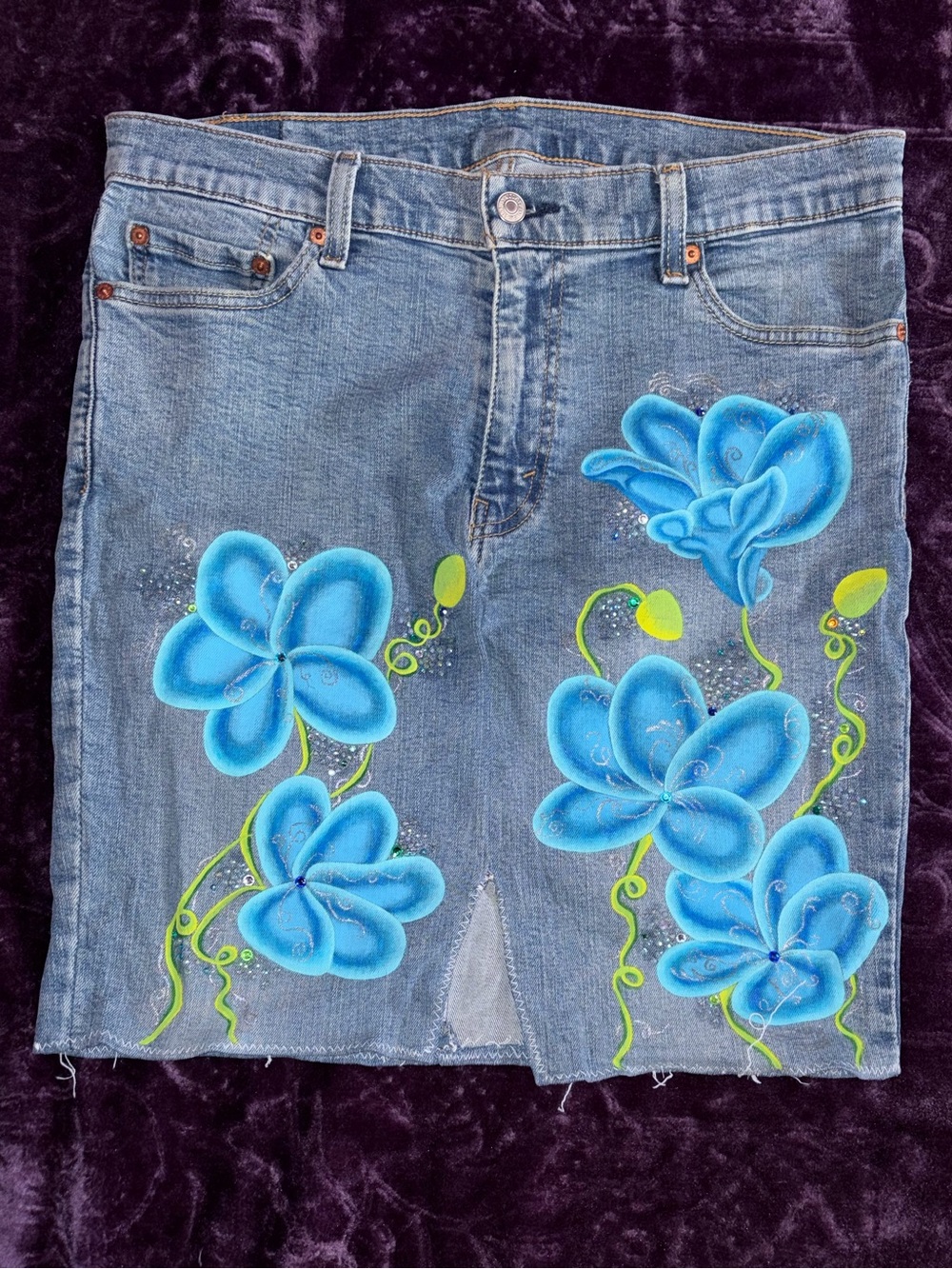 Hand-Painted Floral Upcycled Vintage Levi Midi Skirt